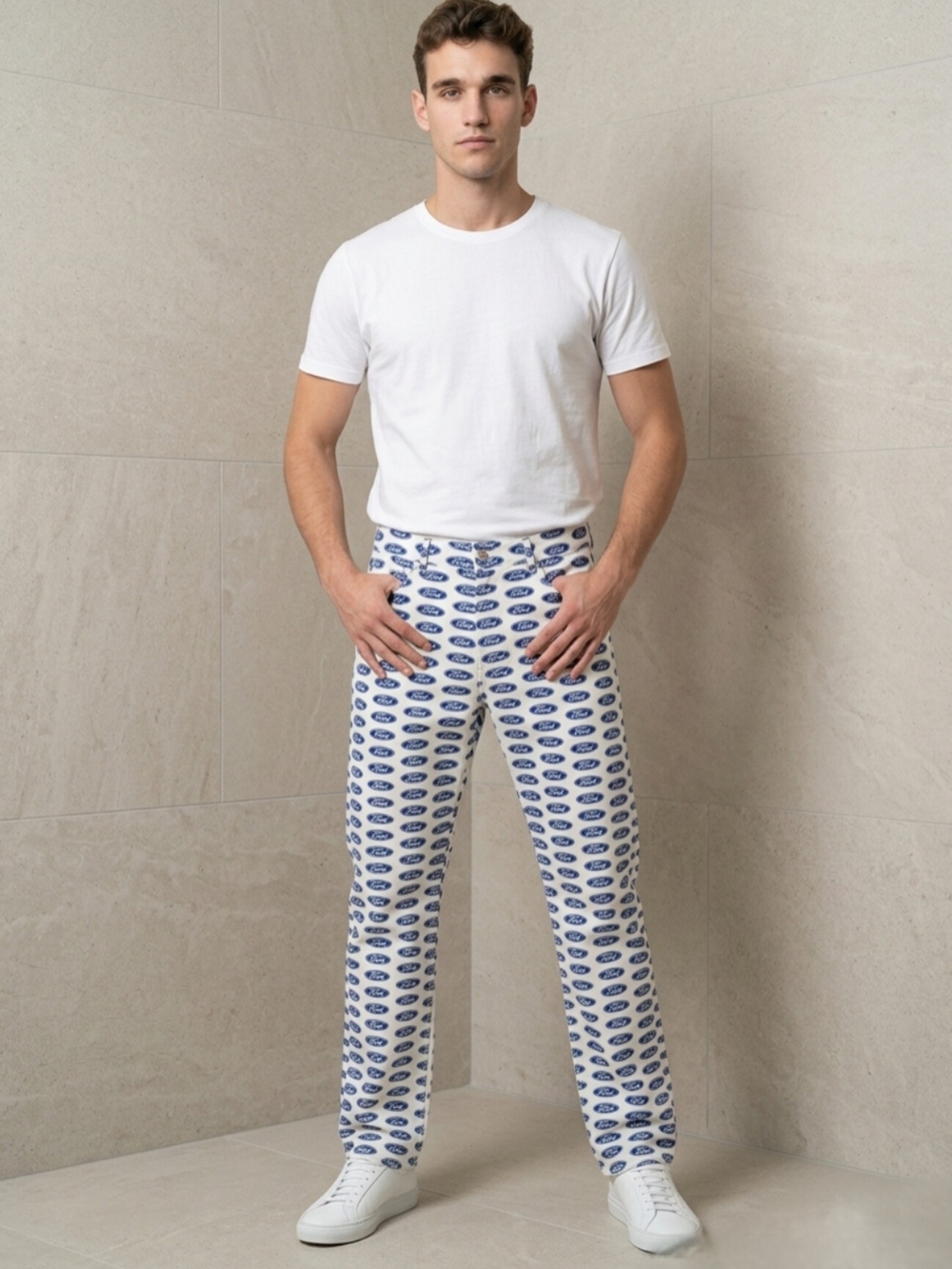 Versace x Ford Limited Edition Logo Jeans White Blue  Straight Leg Denim